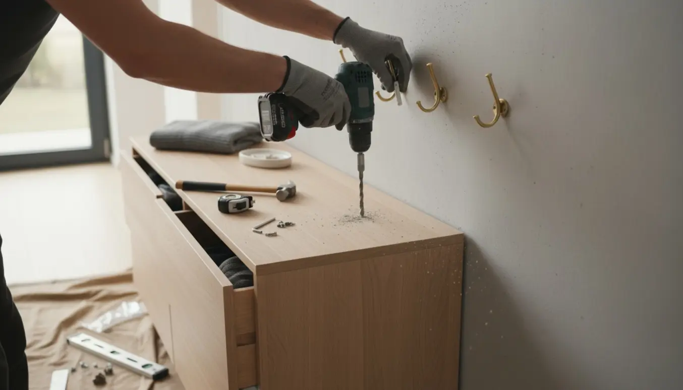 Nærbillede af hænder, der borer i en betonvæg for at montere knager over en nymonteret kommode.