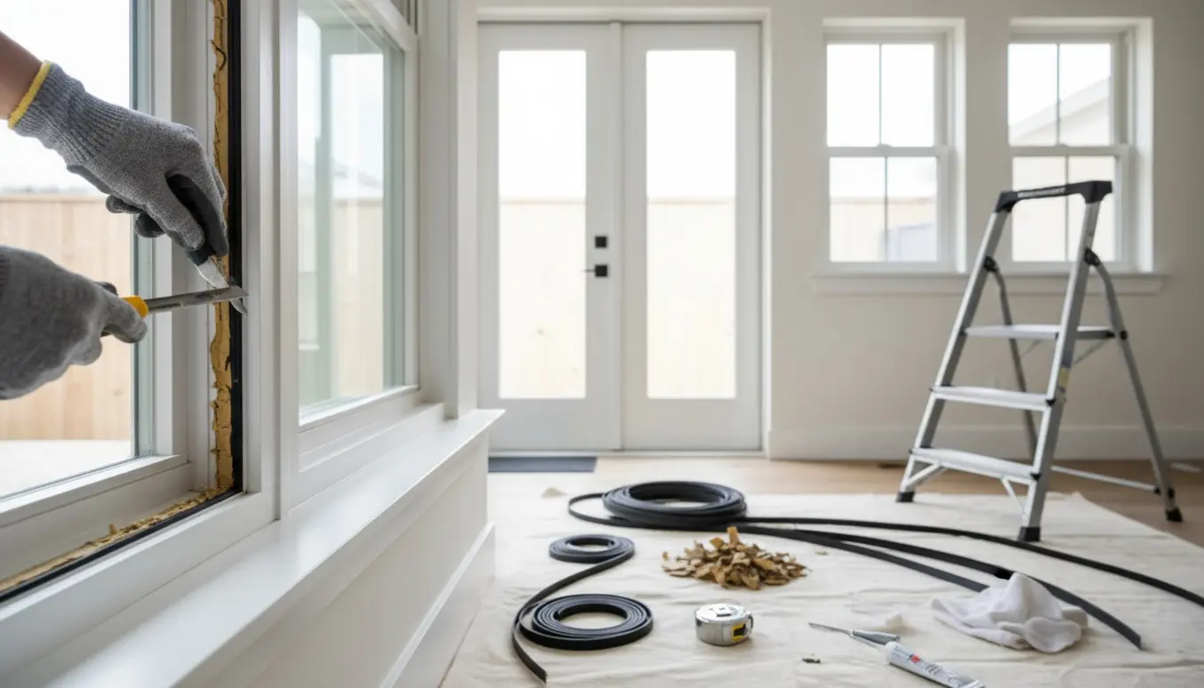 Indendørs billede af hænder, der fjerner gamle tætningslister og trykker nye tætningslister på plads ved vinduer og en terrassedør.