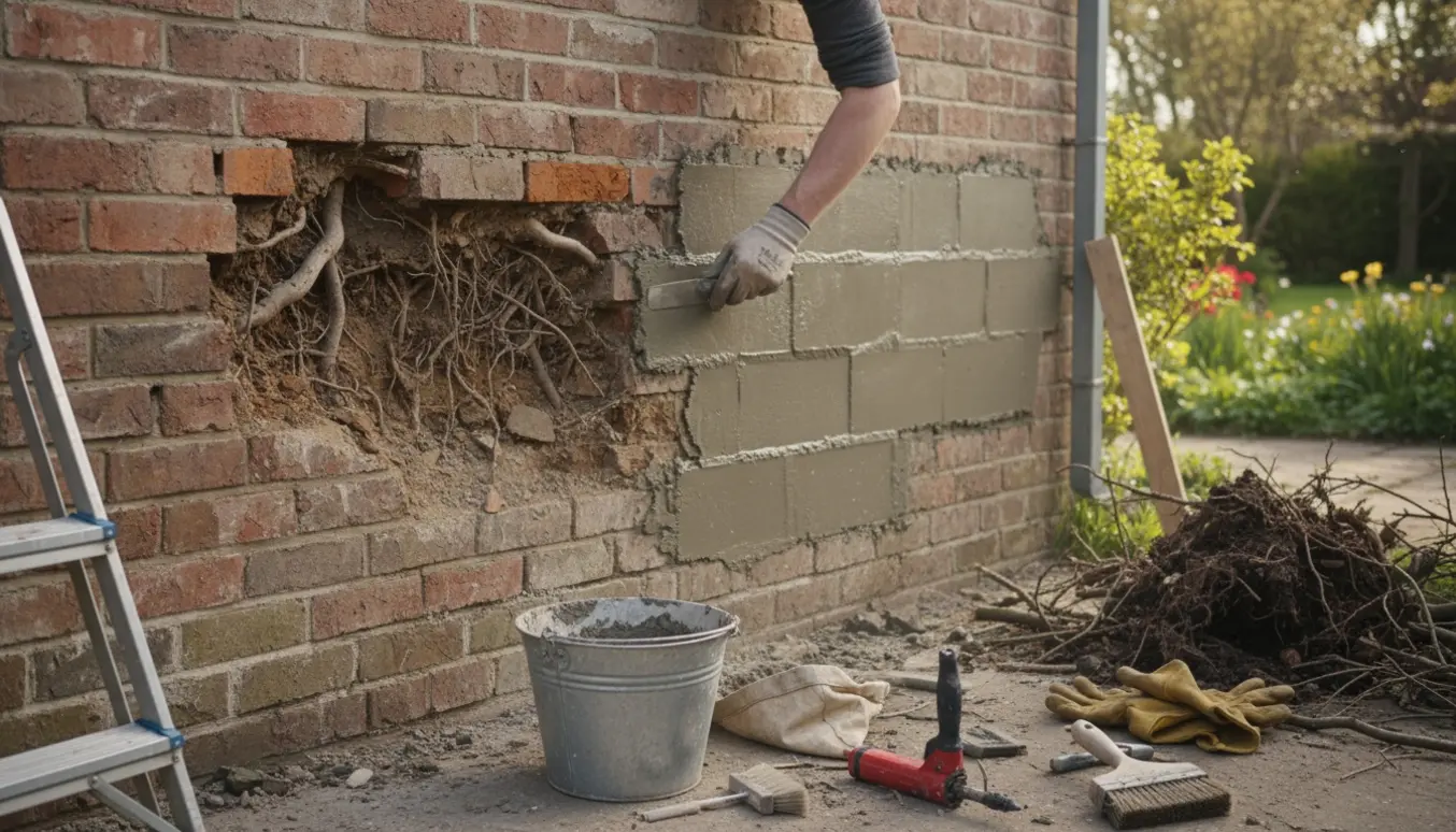 Nærbillede af en garagevæg fra 1950'erne under omfugning med værktøj og friske mørtelreparationer.