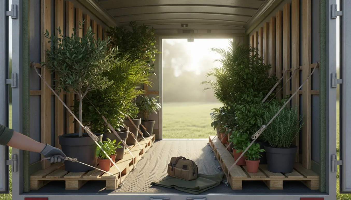 Interiør af lukket trailer med potteplanter sikret med stropper og afstivning klar til transport.
