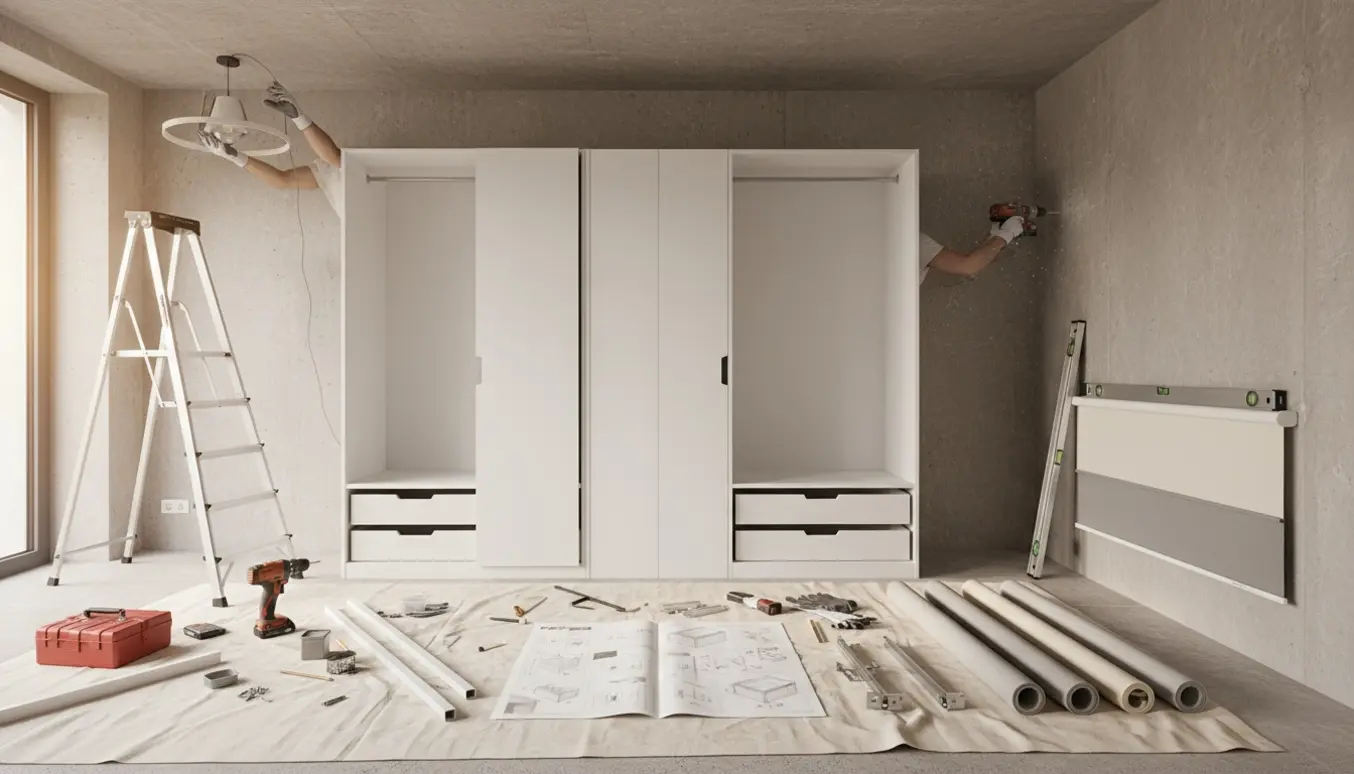 Halvfærdig montage: loftlampe på betonloft, to PAX-klædeskabe under samling og rullegardiner klar til ophæng.