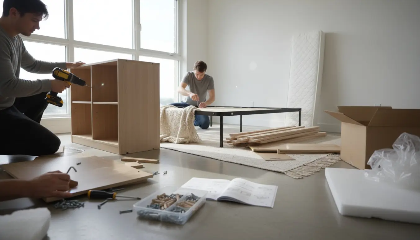 Hænder samler et skab og en seng i et lyst værelse med værktøj og udpakningsmaterialer spredt ud.