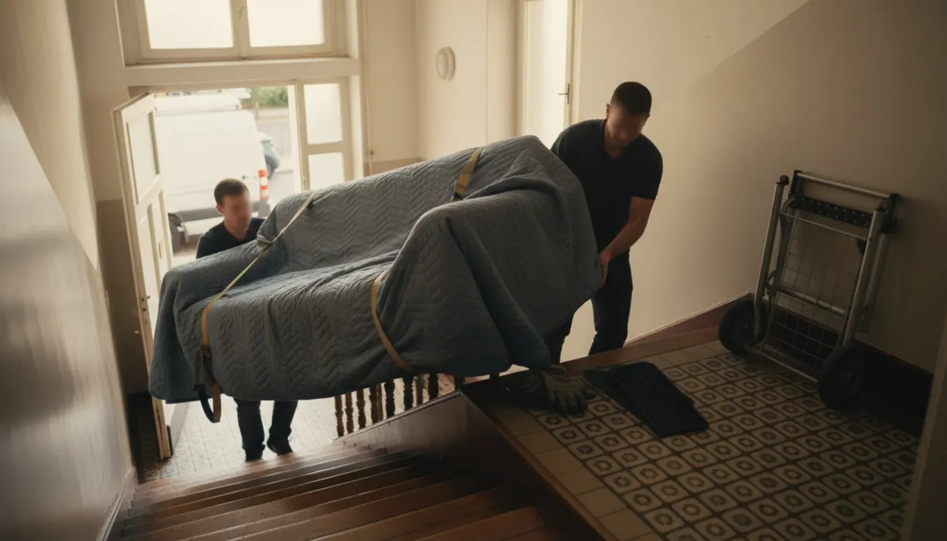 To flyttemænd bærer en stor sofa op ad en lys opgangstrappe med flyttetæpper og stropper, klar til levering på 3. sal.