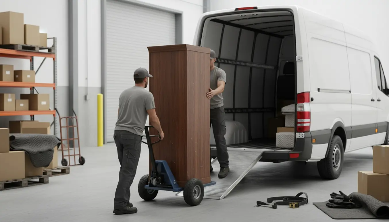 To flyttemænd læsser et højt træskab på en varevogn ved et lager med flyttetæpper og håndtruck.