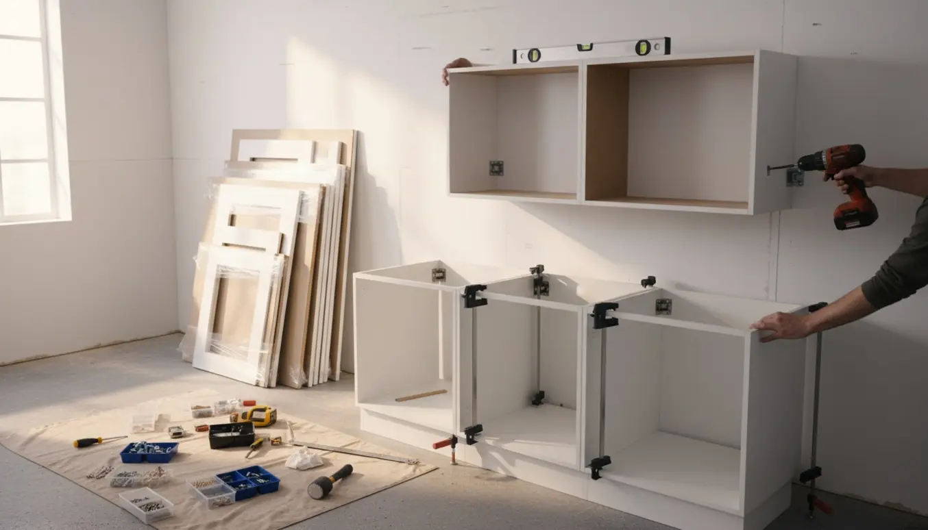 Delvist monterede skabe og fladpakkede skabselementer med værktøj i et lyst rum.
