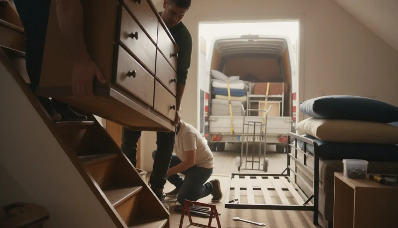 Møbler bæres ned ad en trappe og bliver pakket ind i en åben varevogn, med tæpper, værktøj og demonterede dele klar.