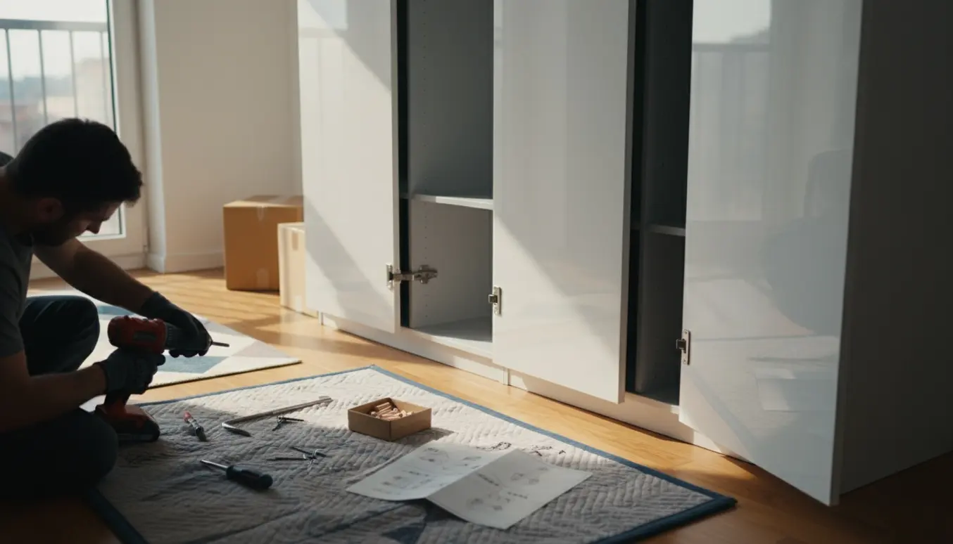 Delvist samlet hvid højglansgarderobe i en lys lejlighed med værktøj og hænder i færd med at montere hængsler.