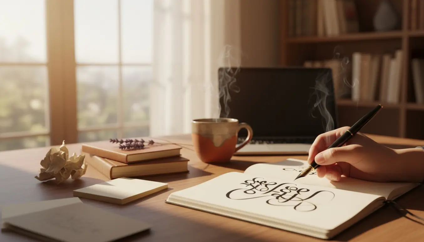 Hånd med fyldepen over en åben notesbog på et soloplyst skrivebord med udkast, kaffekop og tørrede blomster.