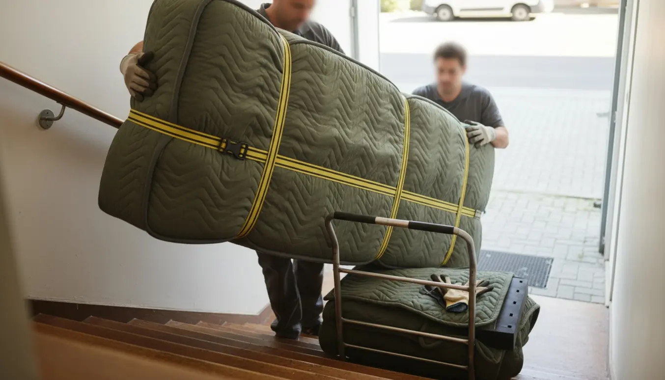 To flyttemænd bærer en indpakket 120x200 cm madras ned ad en trappe og hen mod en flyttebil på gaden.