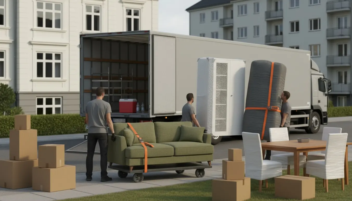 Flyttemænd bærer sofa, skabe og flyttekasser ind i en flyttevogn uden tydelige ansigter.