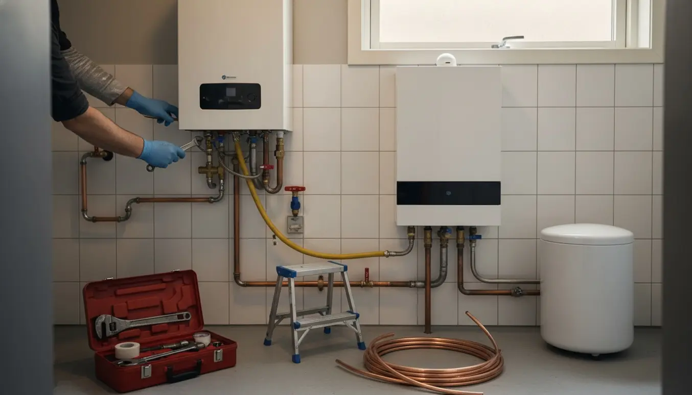 En tekniker udskifter et væghængt gasfyr og varmtvandsbeholder i et ryddeligt værksted, kun hænderne er synlige.