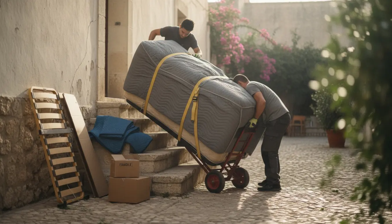 To personer bærer en madras ned ad en trappe og ind i en solbeskinnet gård.