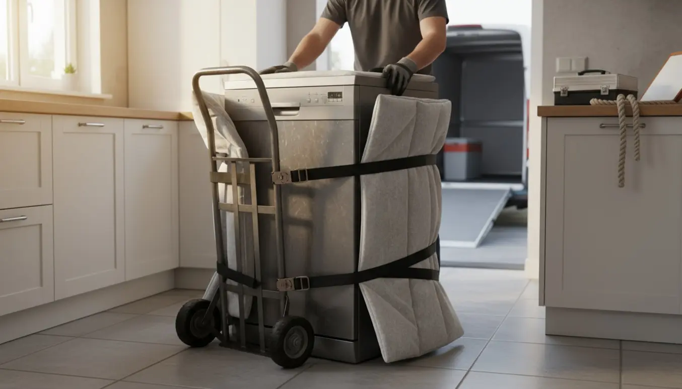 Opvaskemaskine på sækkevogn i et solbelyst køkken klar til afhentning.