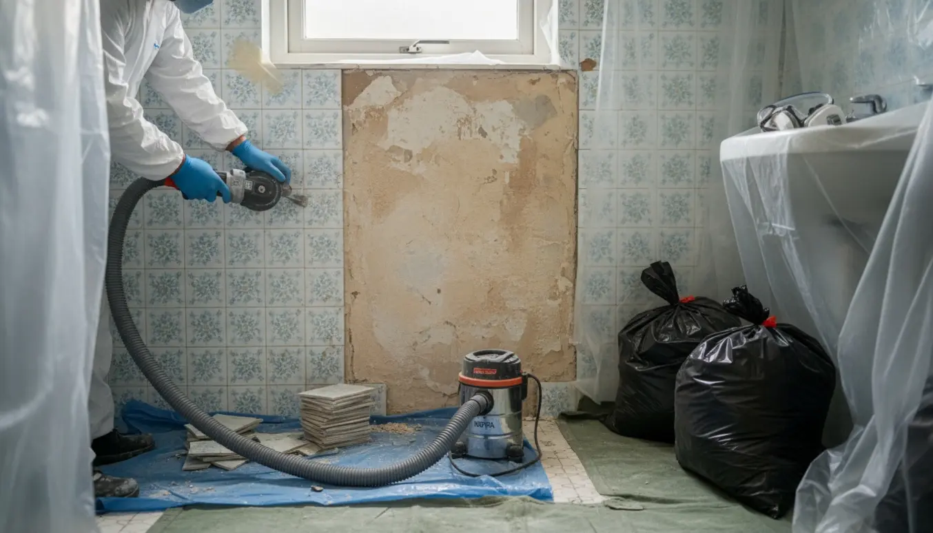 Badeværelse under kontrolleret fjernelse af vægfliser og asbest med beskyttelsesudstyr og HEPA-støvsuger.