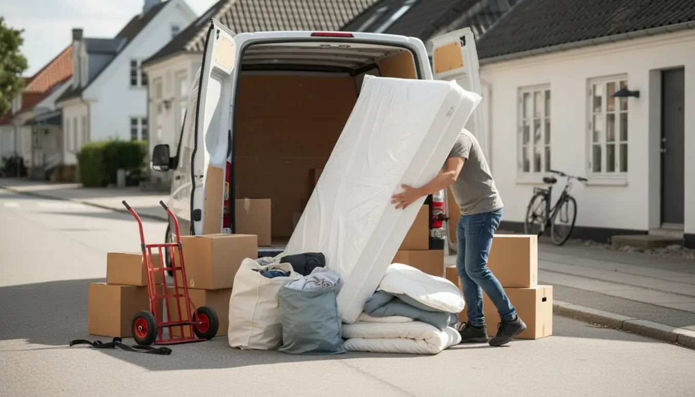 Åben varevogn på en rolig nordisk vej med en boksmadras, små flyttekasser og fire tøjposer klar til flytning.