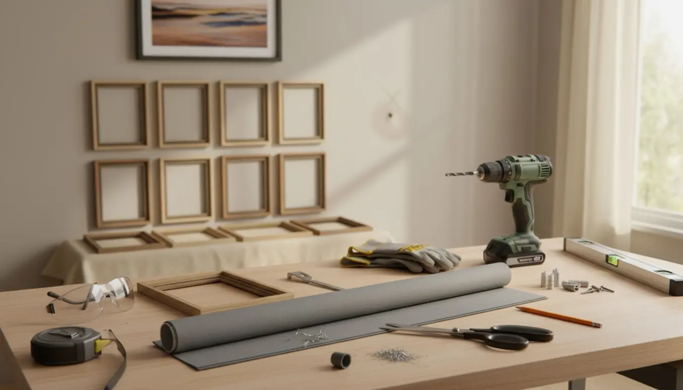 Værktøj og forberedelse til afkortning af rullegardin og ophængning af syv billeder med slagbor.