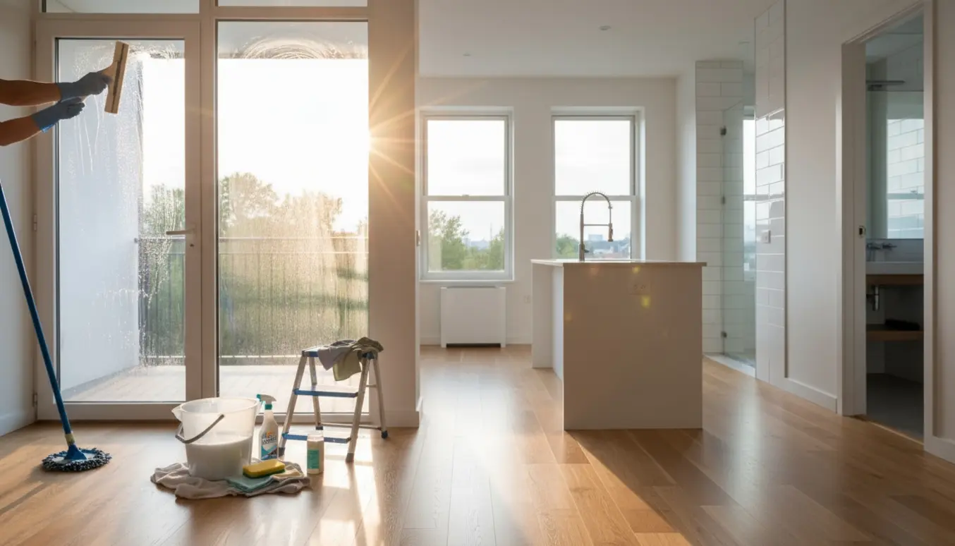 Solbeskinnet lejlighed under flytterengøring med pudset dobbel altandør og rengøringsudstyr i forgrunden.