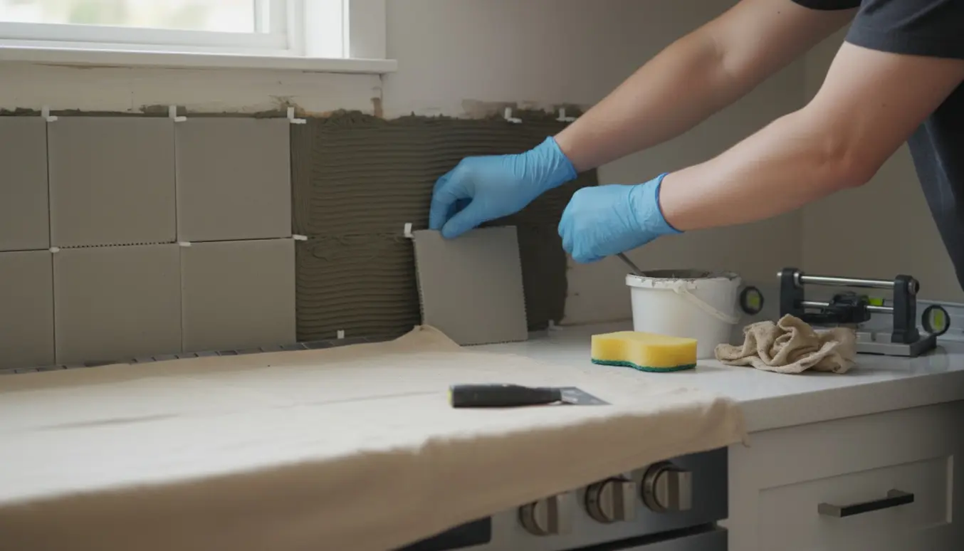 Hænder monterer kvadratiske fliser som bagplade bag et komfur med værktøj på køkkenbordet.