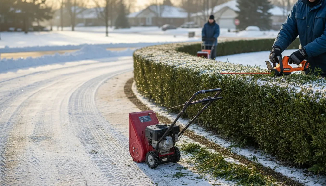 Rydet indkørsel med snerydningsudstyr og nyligt klippet thuja-hæk på en klar vintermorgen.
