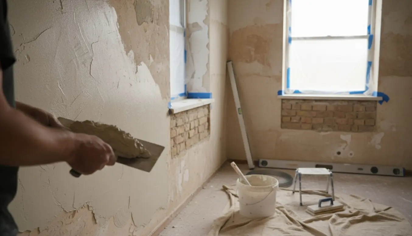 Væg på ca. 14 m² med to vinduer under pudsning, værktøj og afdækning i naturligt dagslys.