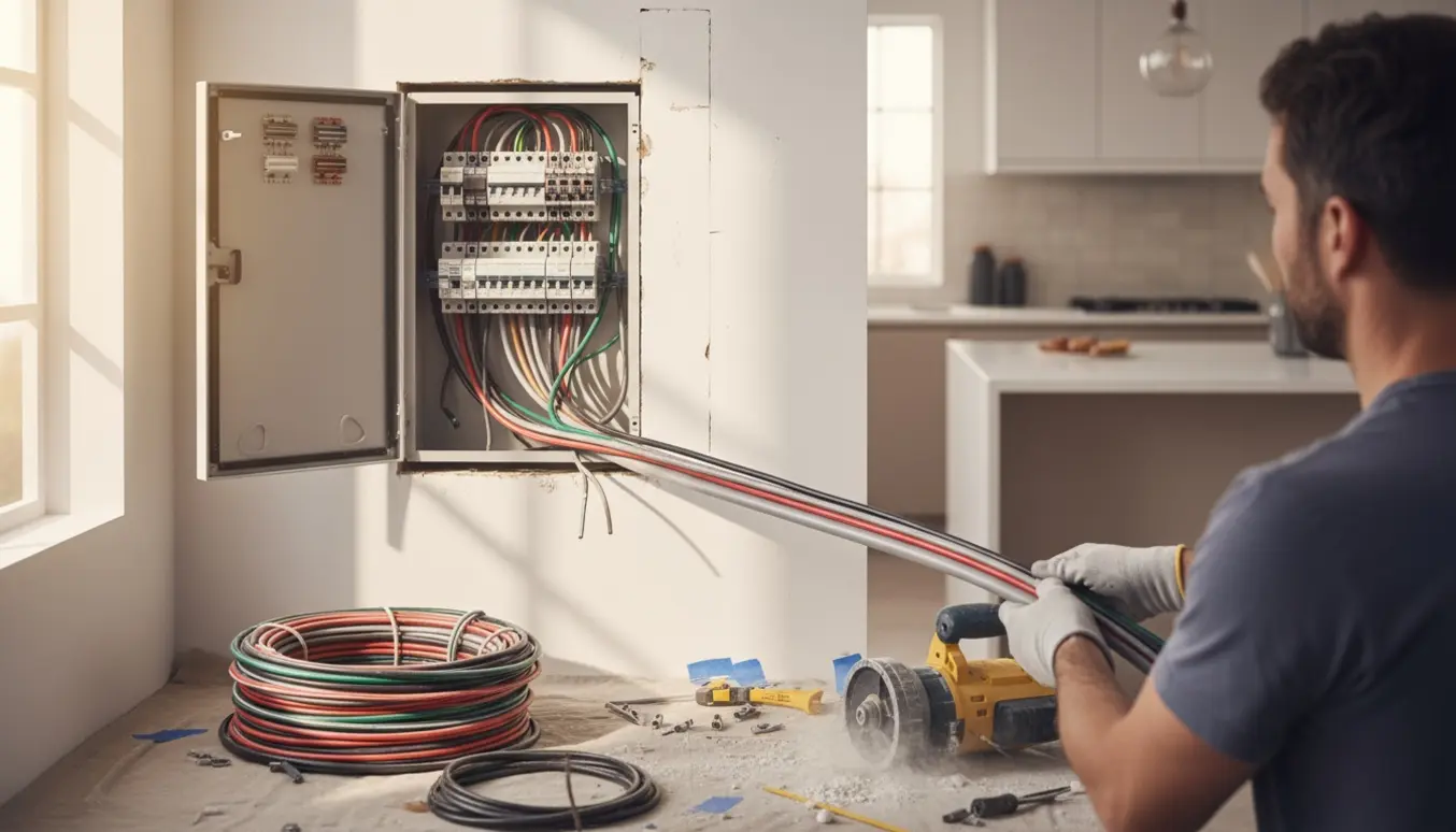 Elektriker trækker nye installationskabler fra en åben tavle mod køkkenet, med værktøj og fræsegroove i væggen.