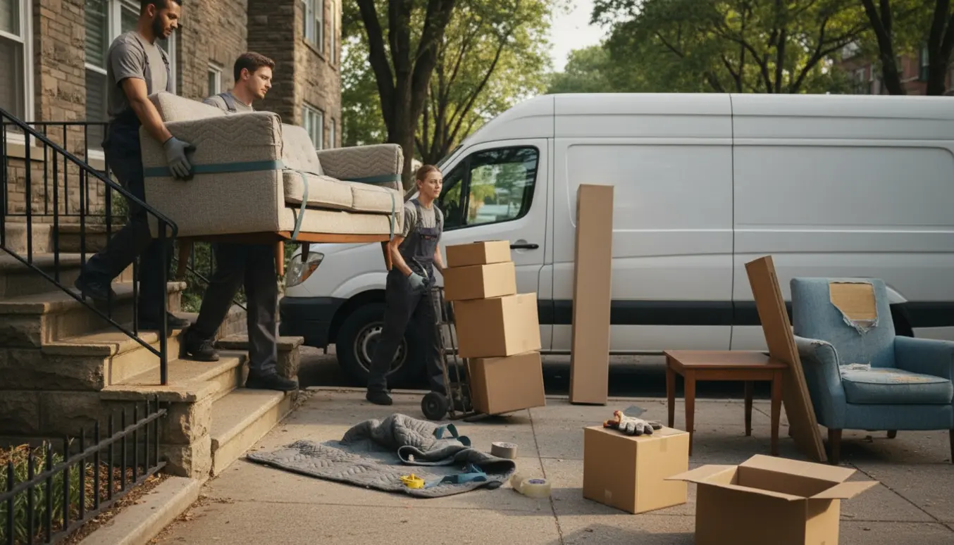 Flyttefolk bærer en indpakket sofa fra en flyttebil ved fortovet med kasser, dolly og flyttetæpper i forgrunden.