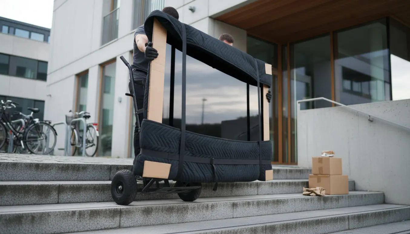 To flyttemænd bærer en stor indpakket fladskærm op ad trappen til en moderne skolebygning i København.