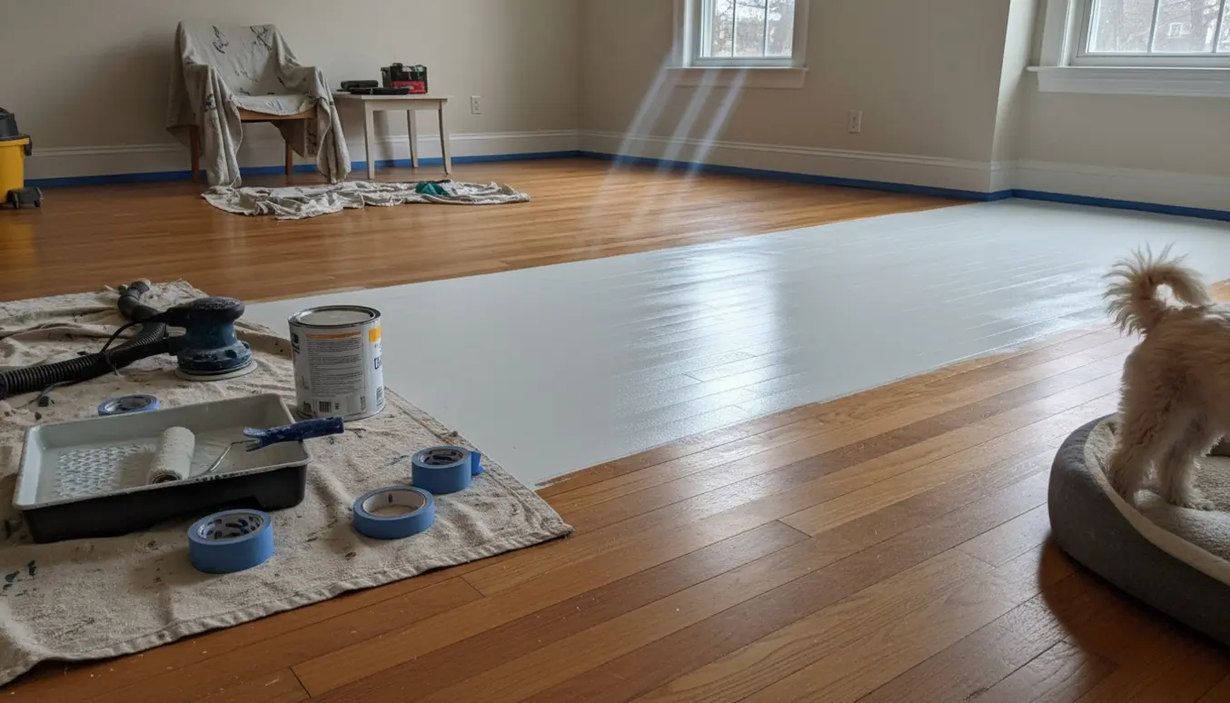 Halvvejs hvidlakeret gammelt trægulv i lyst værelse med roller, malerbøtte og hundepoter i kanten.