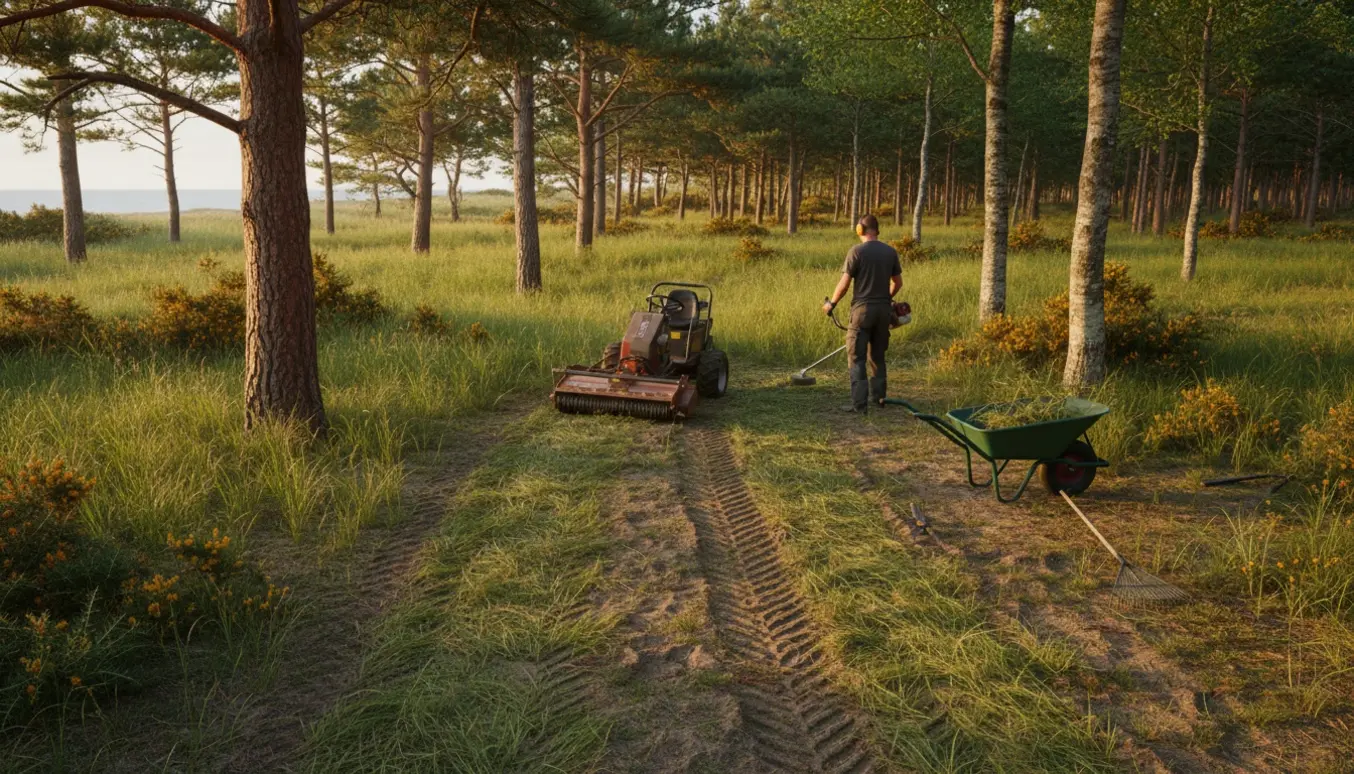 Brakpudsning på en naturgrund i Tisvildeleje med maskiner og afklippet vegetation mellem træerne.
