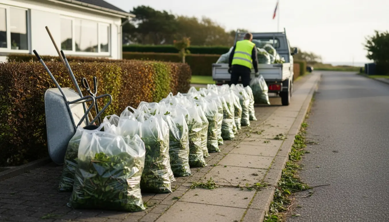 Omtrent 38 gennemsigtige sække fyldt med nyklippede hække klar til afhentning foran et hus i Humlebæk.