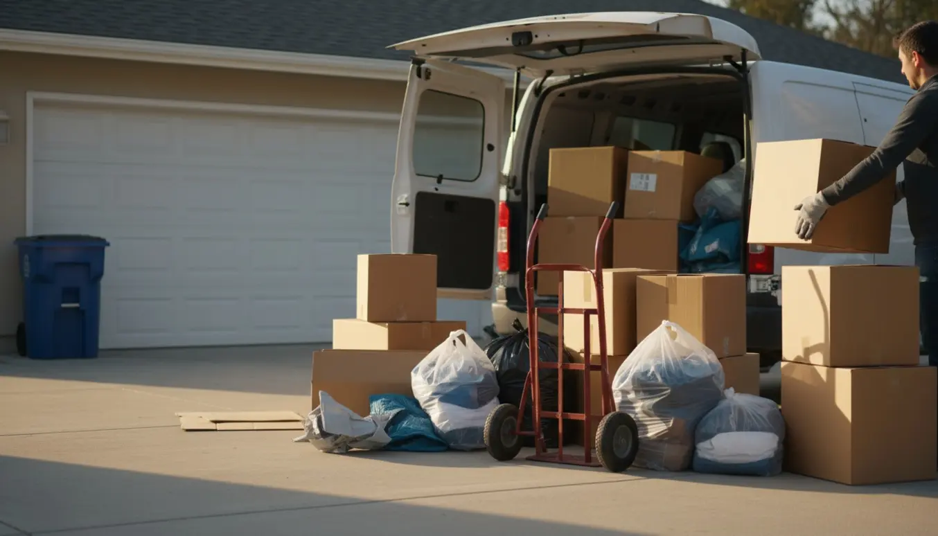Åben varevogn på indkørsel fyldt med papkasser, poser med tøj og en tralle, klar til bortkørsel.