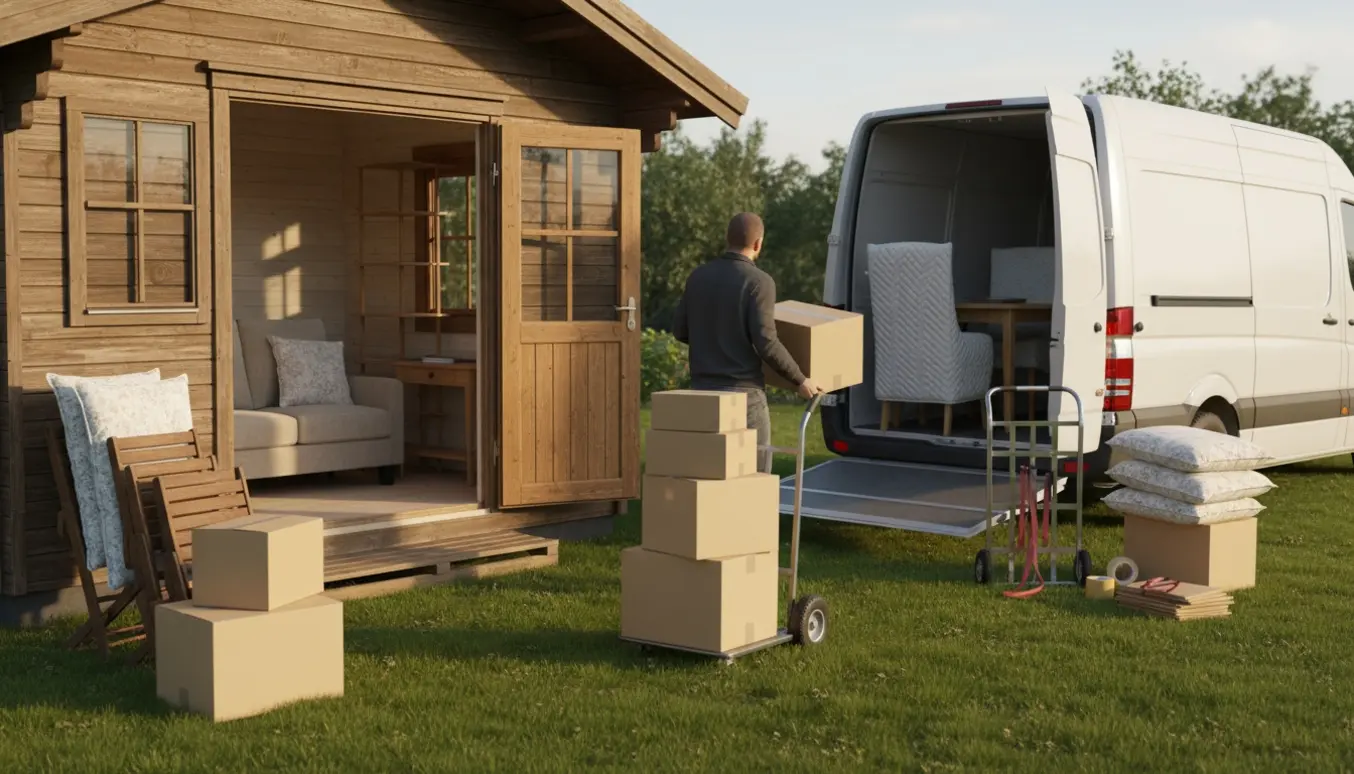 Møbler og flyttekasser bæres ud af et lille kolonihavehus mod en parkeret flyttebil.