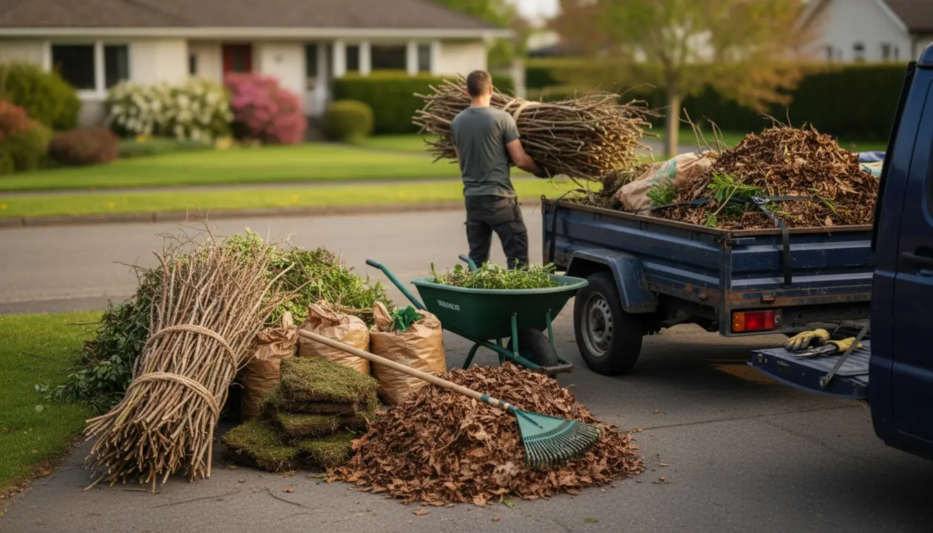 Bunker af haveaffald læsses på en trailer i en indkørsel klar til afhentning.