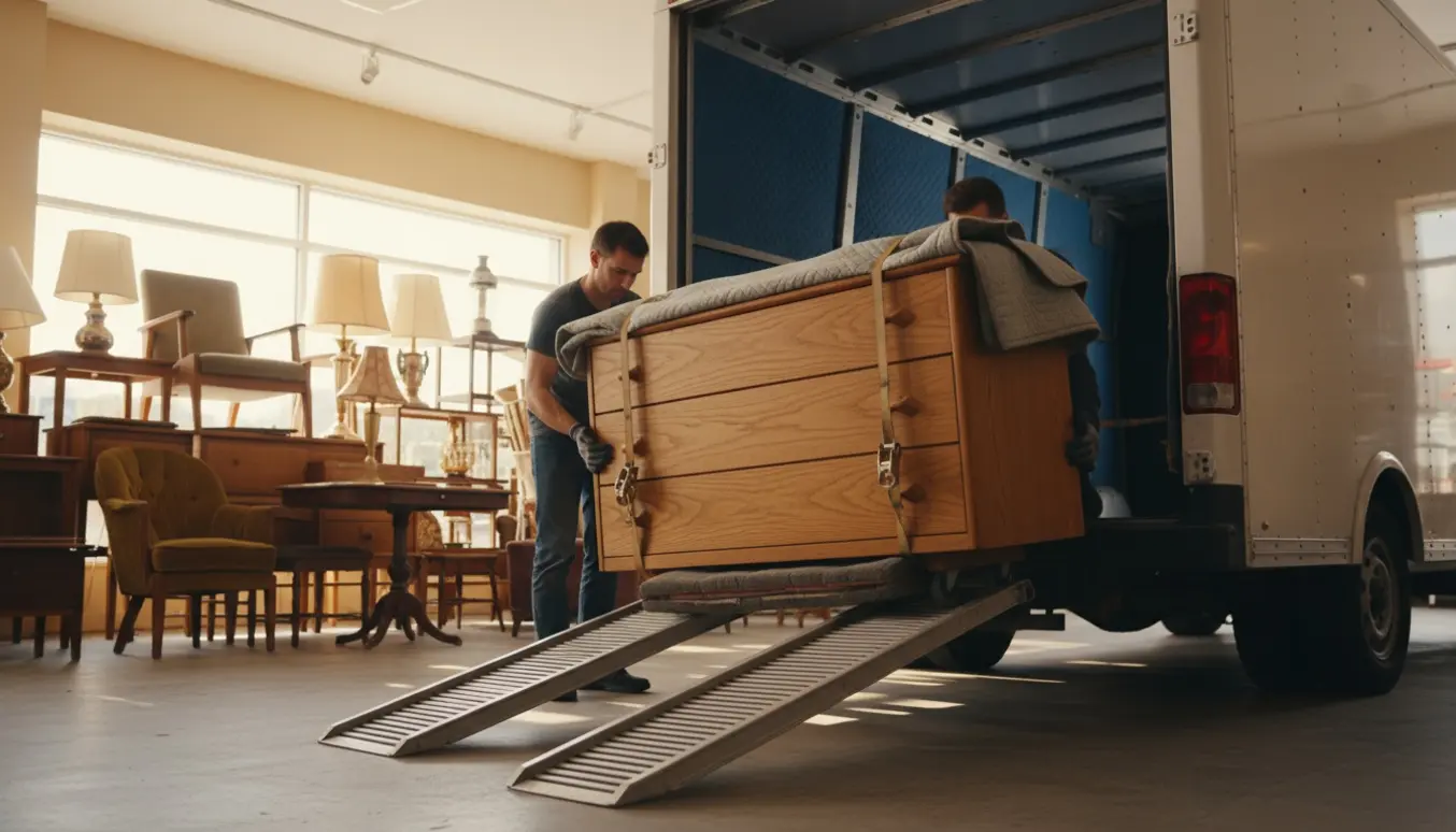 Bred trækommode bæres fra en genbrugsbutik ind i en varevogn med flyttetæpper og dolly.