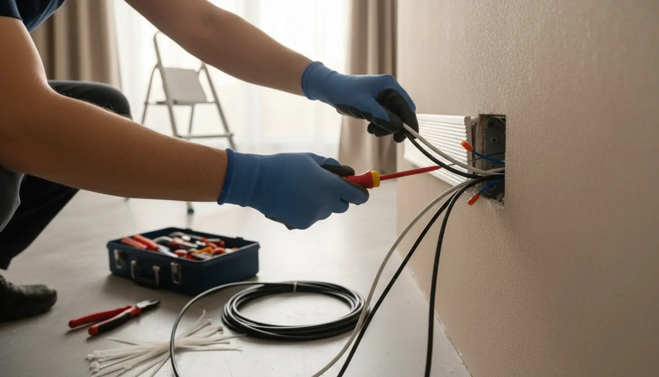 Hænder fjerner elektriske ledninger fra en væg med værktøj og kabelruller i et lyst rum.