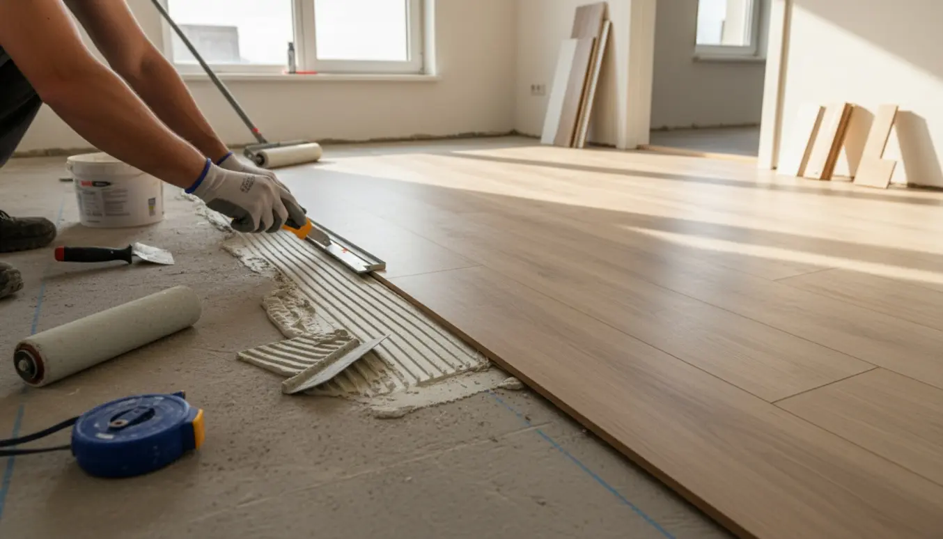 Hænder lægger vinylgulv i et lille værelse med halvdelen af betongulvet dækket.