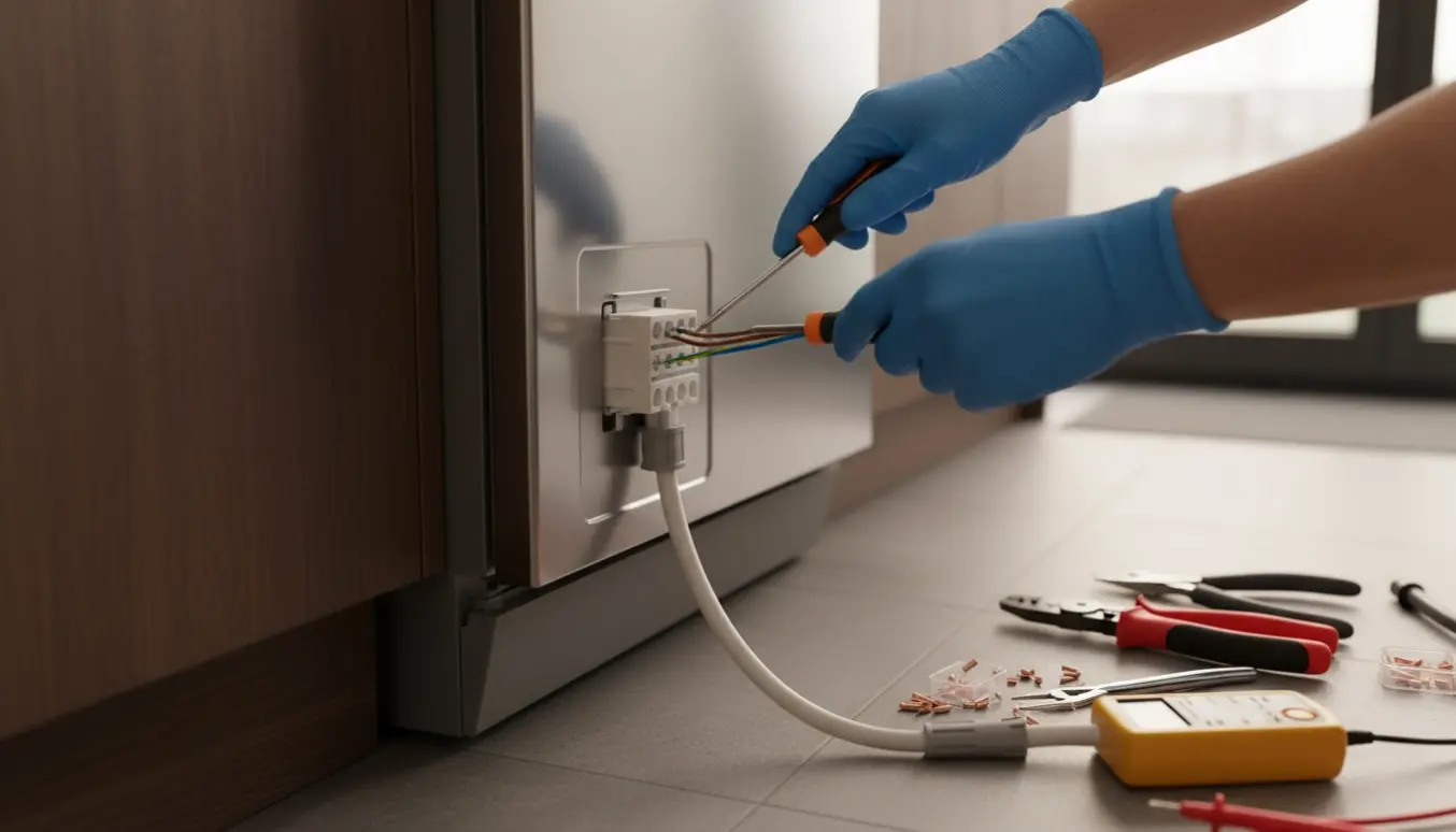 Nærbillede af hænder, der forbinder brune, blå og grøn-gule ledninger til terminalblokken på en ny opvaskemaskine i et køkken.