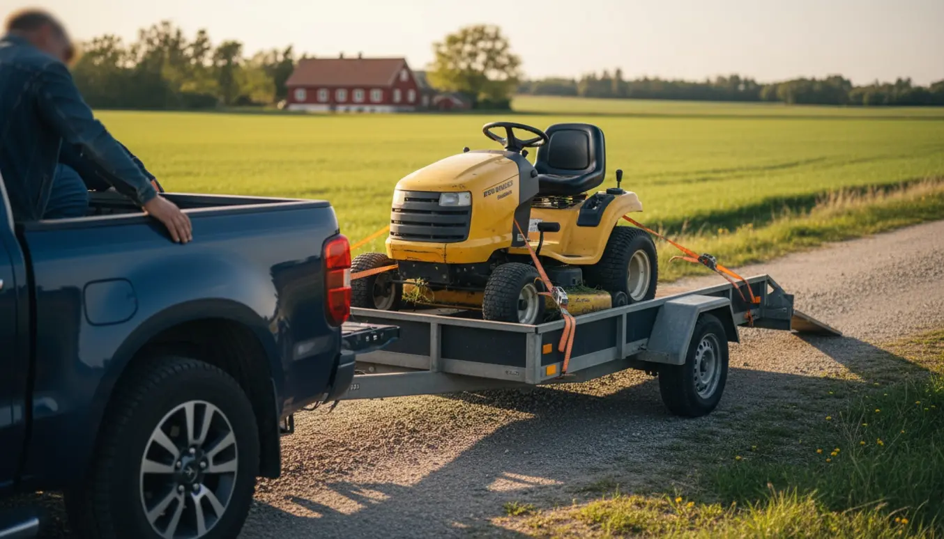 En trailer med en fastspændt plæneklipper ved en landevej i dansk landskab ved gyldent lys.