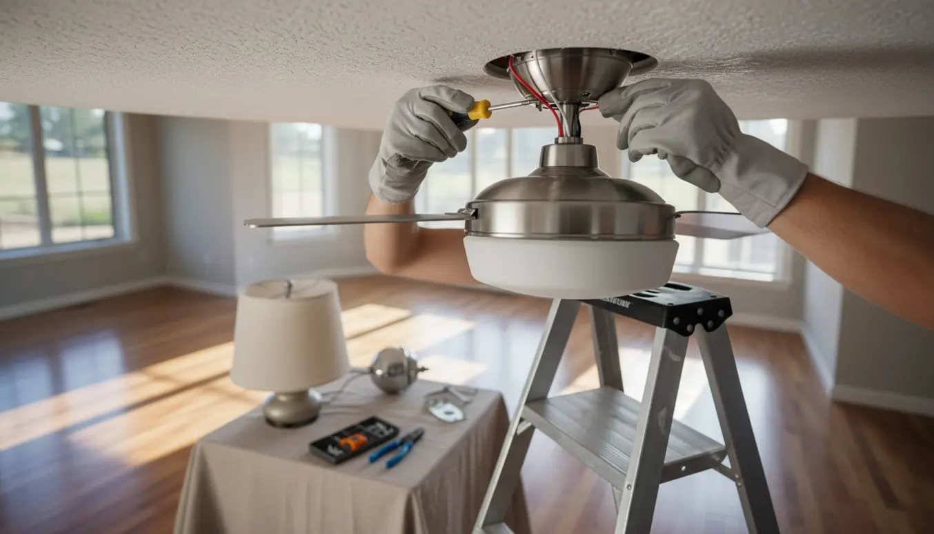 Handskerede hænder monterer en loftventilator med lampe, mens en pendel ligger klar på et bord.