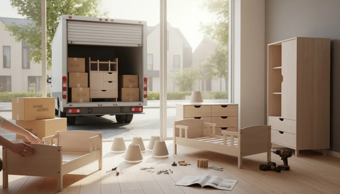 Flyttebil udenfor og hænder, der samler en fladpakket børneseng og klædeskab i en lys lejlighed.