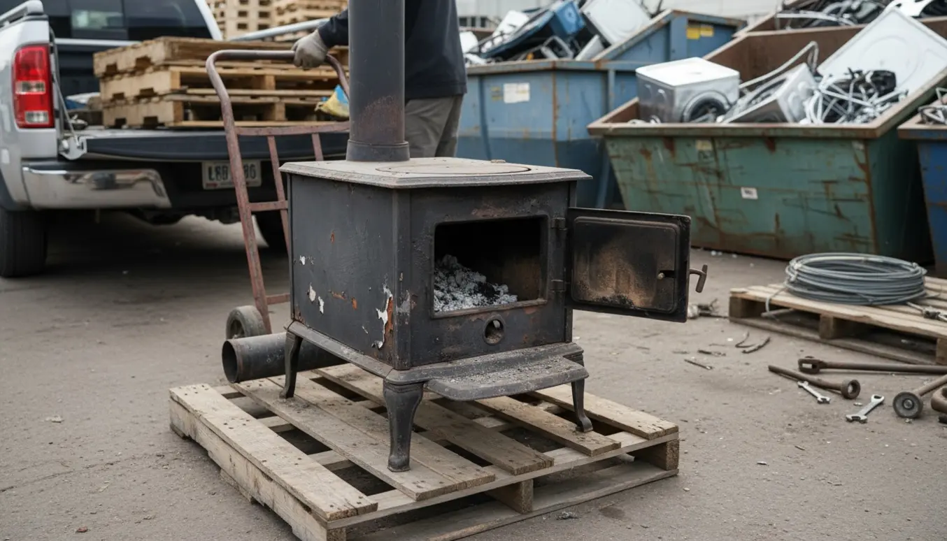 Brændeovn læsses af på en genbrugsstation med handtruck, paller og skrot i baggrunden.