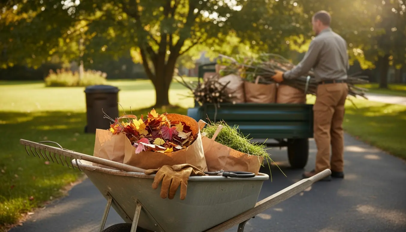 Trailer og haveredskaber fyldt med haveaffald klar til afhentning på en indkørsel.
