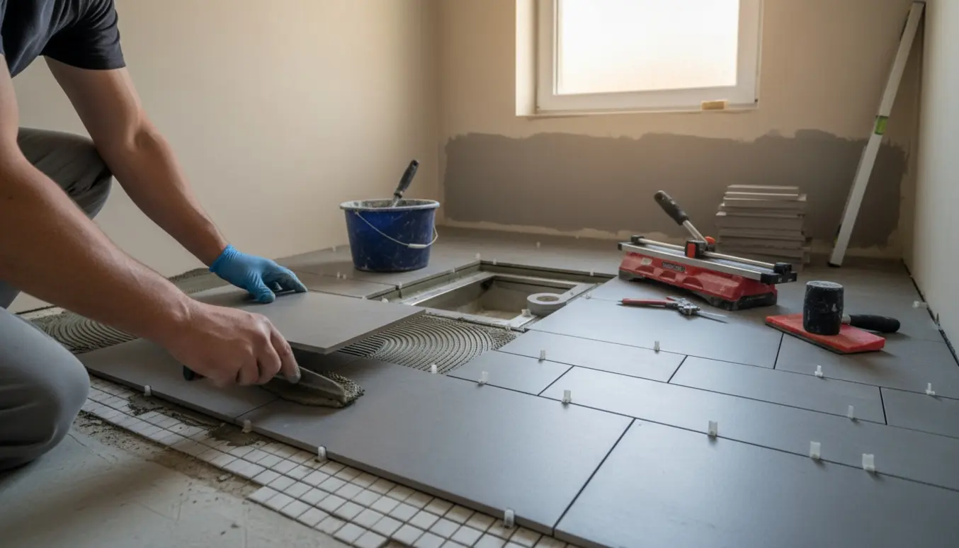 Håndværker lægger nye gulvfliser og isætter et unidræn i et lille badeværelse under renovering.