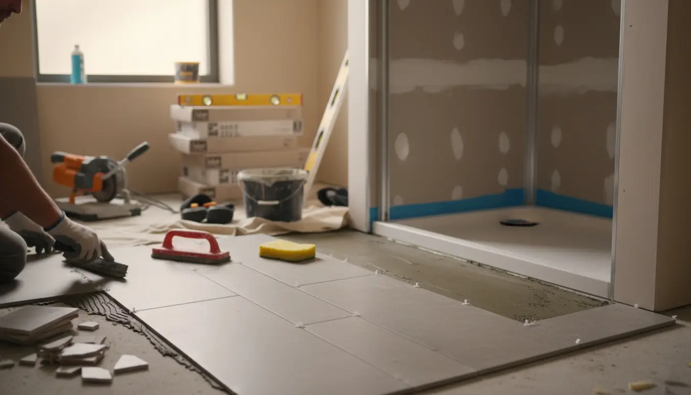 Murer arbejder med nye væg- og gulvfliser og montering af brusebund i et lille badeværelse.