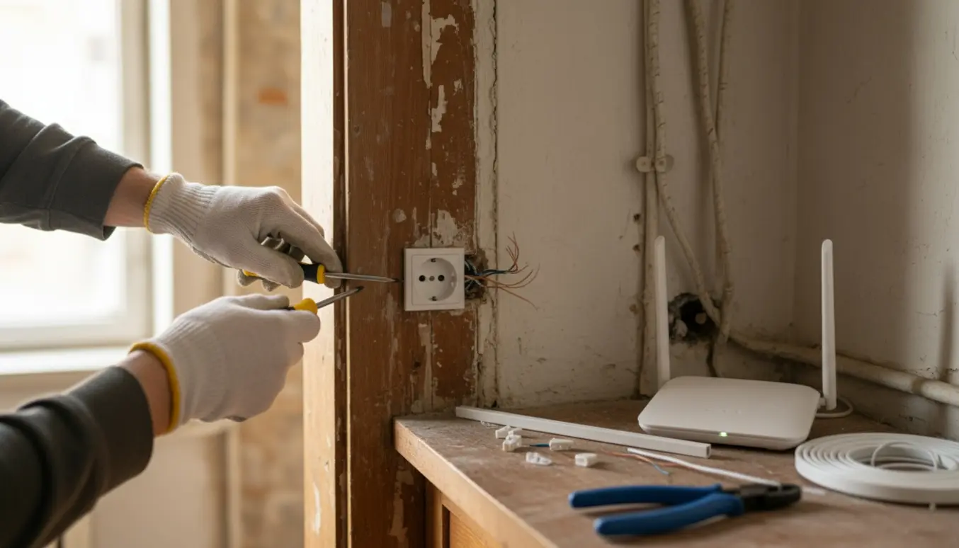 Toppen af en lejlighedsdør hvor en elektriker monterer en overfladestikkontakt til en trådløs router.