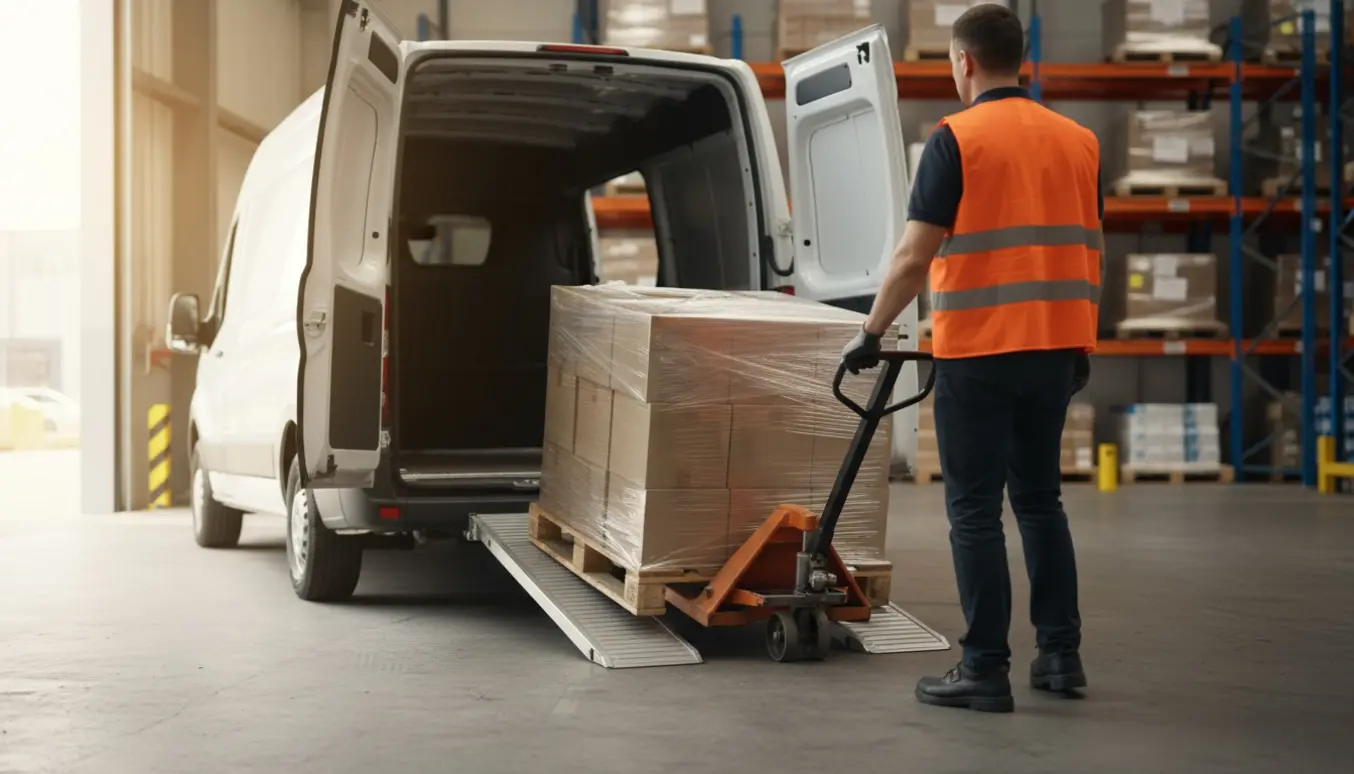En chauffør set bagfra læsser pallevarer ind i en hvid varevogn ved en lagerport.