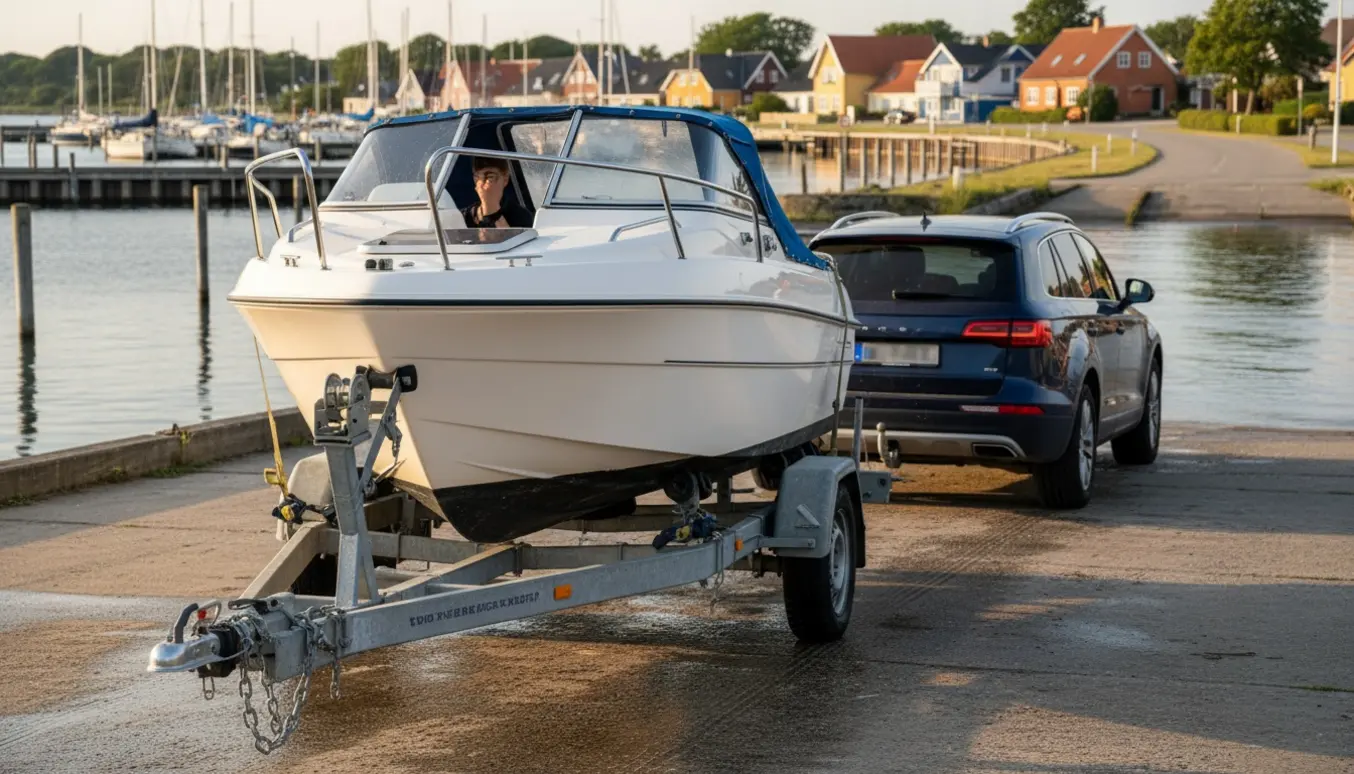 En båd på trailer ved en bådrampe i en dansk marina, sikret med stropper og klar til transport til opbevaring i Odense.