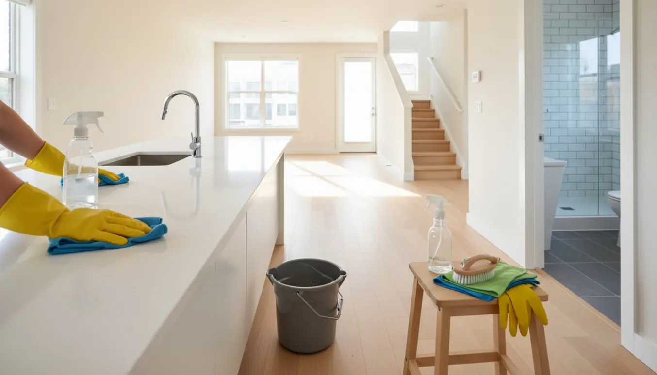 Rengøringsperson tørrer køkkenbord af i en lys, tom to‑etagers lejlighed med rengøringsudstyr i forgrunden.