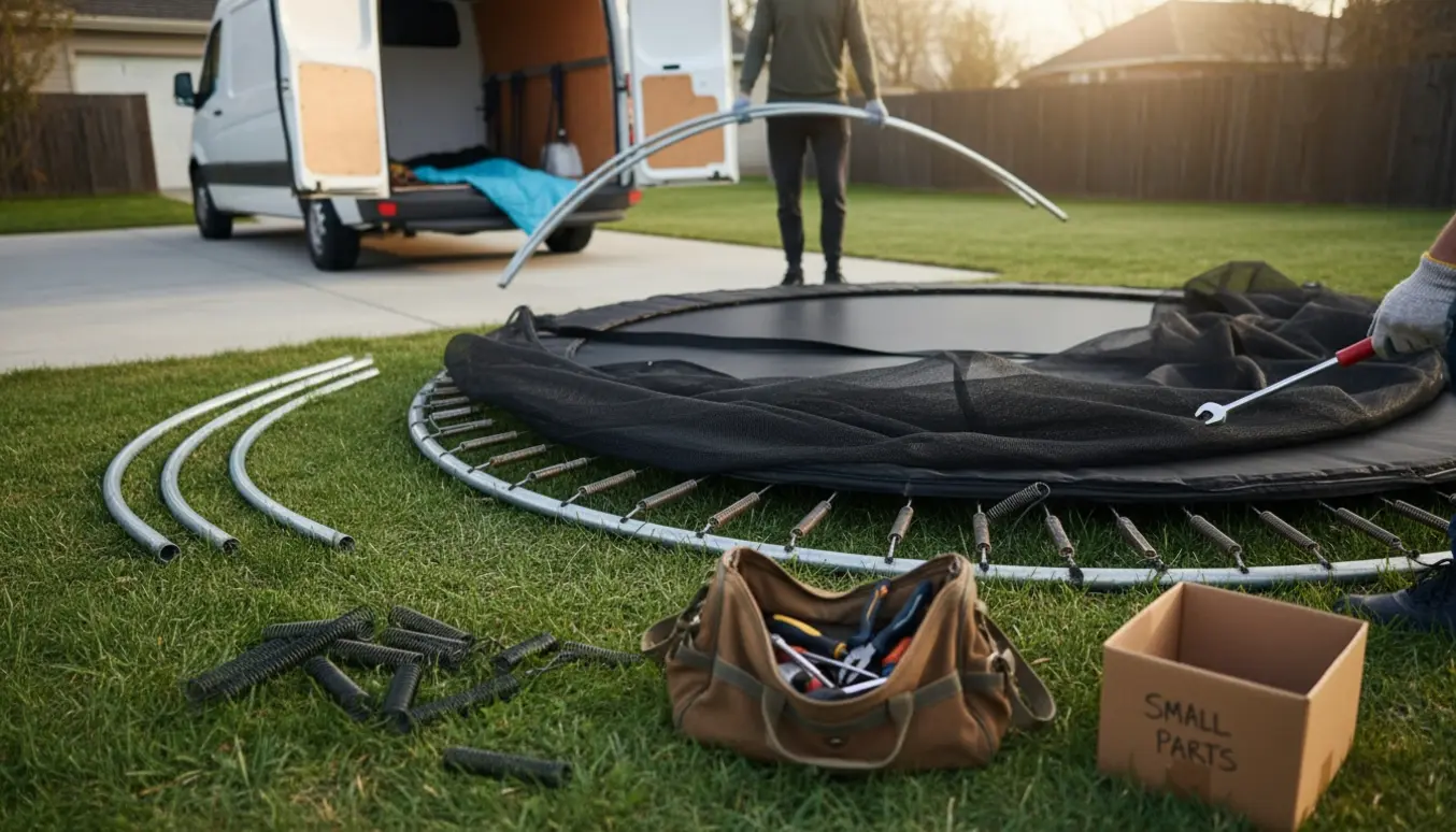Delvist adskilt rund trampolin i en have med værktøj og en flyttebil i indkørslen.