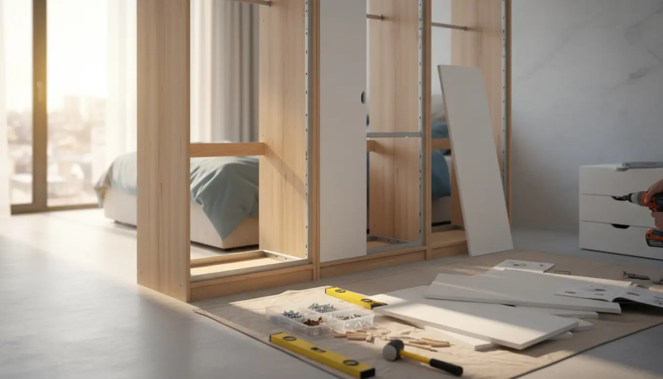 En person samler to høje fladpakkede garderobeskabe i et lyst værelse med værktøj og reservedele ved siden af.